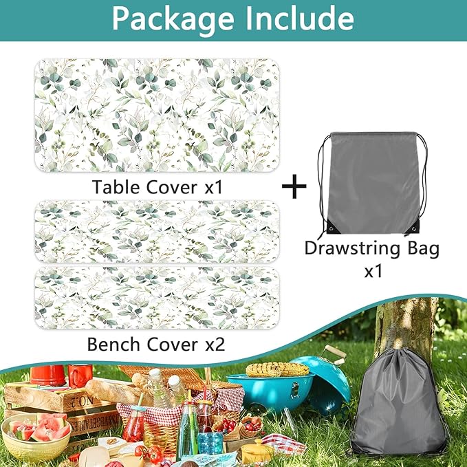Picnic Table Cover with Bench Covers and Bag, Camping Essentials, Eucalyptus Leaves Outdoor Table Covers, Waterproof Windproof, Fitted Tablecloth Cover with Elastic Edge, 3 PCS, 30x72 Inch