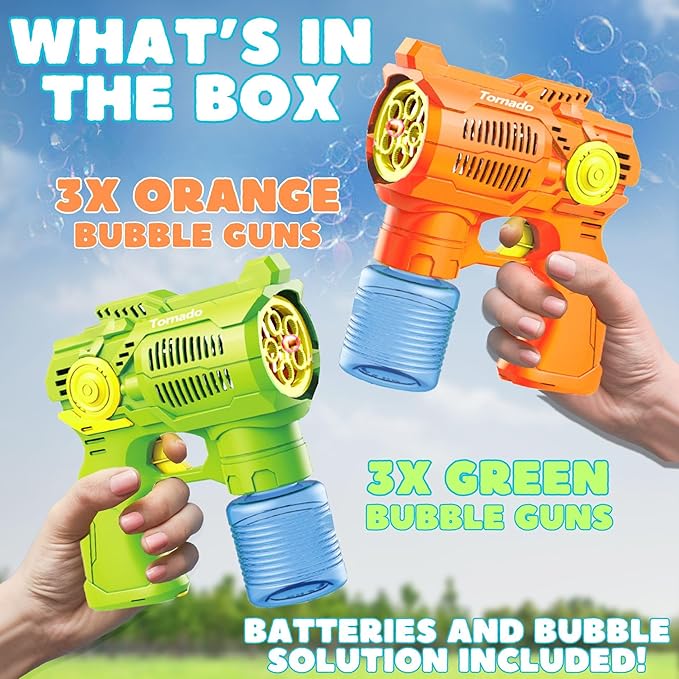 6-Pack Bubble Gun Set with Batteries – Automatic Bubble Blower Toys for Kids & Toddlers | 3 Green + 3 Orange Bubble Shooters with Solution Included | Outdoor Fun & Ready to Play