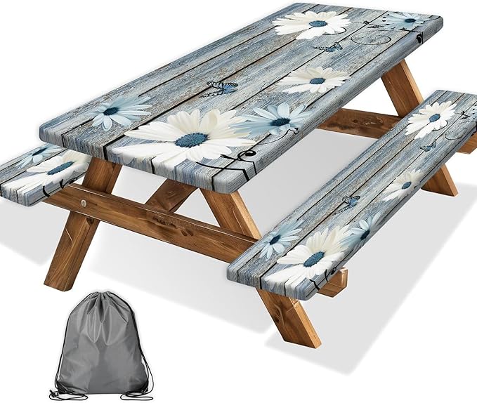Rustic Daisy Picnic Table Cover with Bench Covers, Waterproof Farmhouse Vintage Floral on Wooden Board Blue Flower Tablecloth for Camping Indoor Outdoor Party Decorations, 30X96in