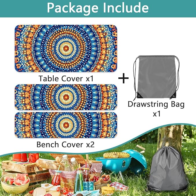 Picnic Table Cover with Bench Covers and Bag, Camping Essentials, Waterproof Windproof Camping Tablecloth, Fitted Tablecloth Cover with Elastic Edge for Indoor Outdoor 3 PCS 30x72 Inch