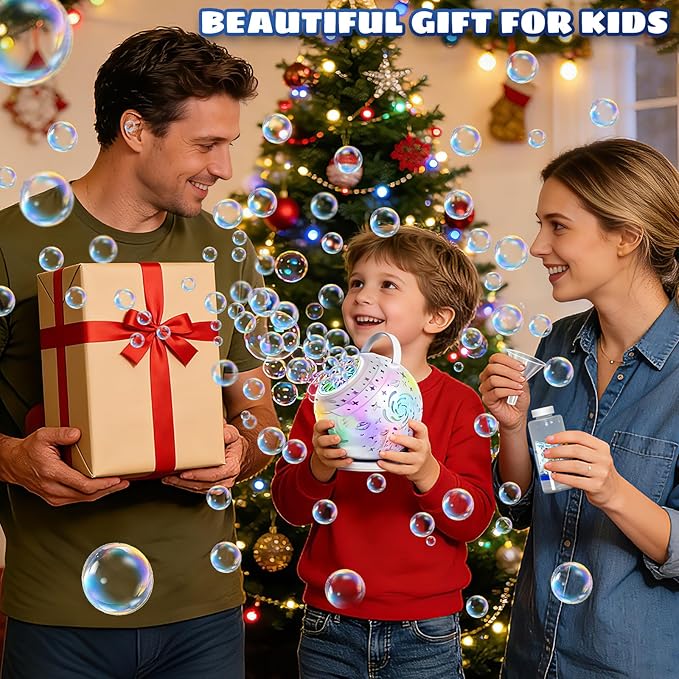 Rechargeable Bubble Machine - Auto 90°/360° Rotation, Remote Control and 7 Colors RGB LED Light, Bubbles Maker Toys for Kids, Bubbles for Wedding Parties, Easter Birthday and Xmas Gift for Boys Girls