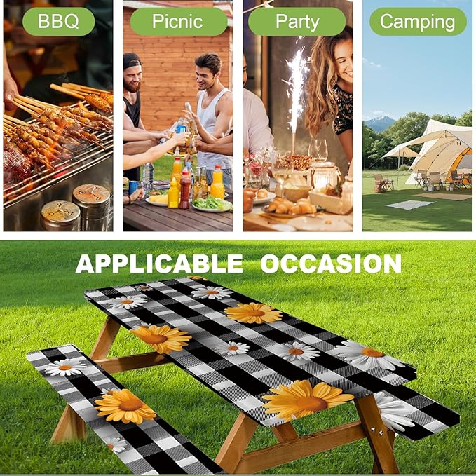 ANNA QUEEN 6FT Sunflower Picnic Table Cover Set 3PCS 72"x30", Waterproof Outdoor Bench and Tablecloth Furniture Protection for Camping Beach BBQ Patio Backyard (Small Flowers)