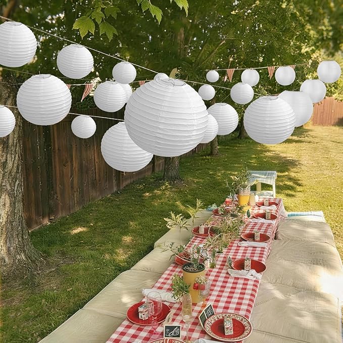 KNONEW 15 Pack White Silk Outdoor Lanterns Decorative Party 8'' 10'' 12'' Hanging Chinese Japanese Waterprooof Round Lantern for Weddings, Birthdays, Decoration (No Light Bulbs Included)