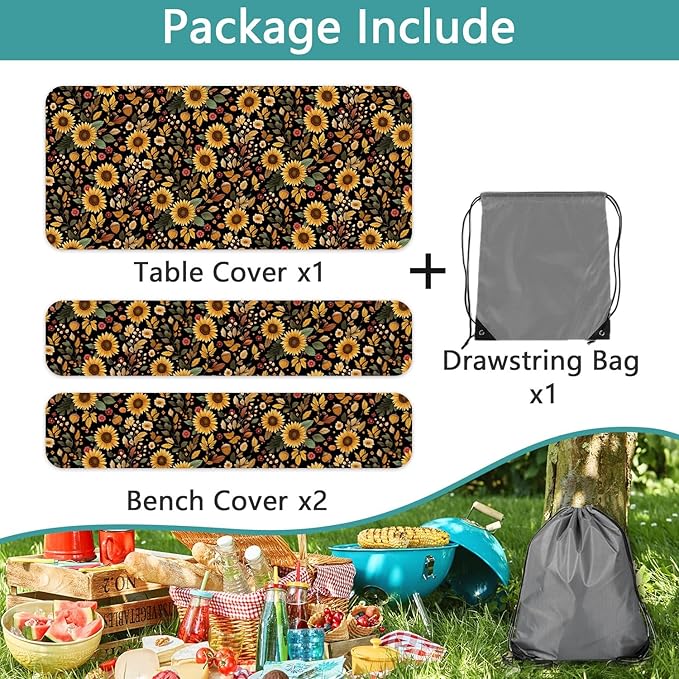 Picnic Table Cover with Bench Covers, Camping Essentials, Sunflower Flower Leaves Waterproof Windproof Patio Table Cover, Fitted Tablecloth Cover with Elastic Edge for Indoor Outdoor 3 PCS 30x72 Inch