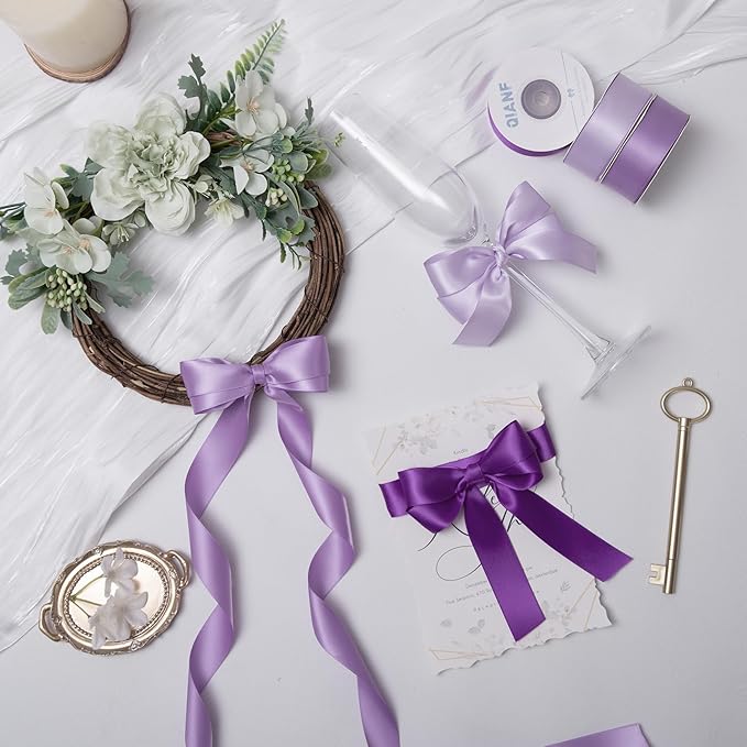 QIANF Purple Double Face Satin Ribbon 1 Inch x 45 Yards Lavender Fabric Ribbon for Gift Wrapping, Flower Bouquets, Hair Bows Making, Wedding Decoration, Invitation Cards, Christmas (3 Rolls *15Yd)