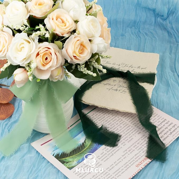 Green Chiffon Ribbon 1.5 Inch x 21Yds Handmade Fringe Chiffon Silk Ribbon Green & Cream Frayed Chiffon Ribbon for Wedding Invitation Flower Bouquets Gift Wrapping Bridal Shower Baby Shower