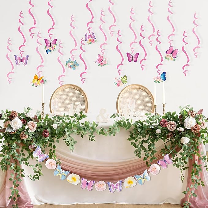 SUNBEAUTY 22PCS Butterfly Birthday Party Decorations Pre-strung Birthday Banner Garland for Women & Girls Colorful Butterfly Hanging Swirls Decorations Summer Themed Ceiling Decor for Kids Bday party