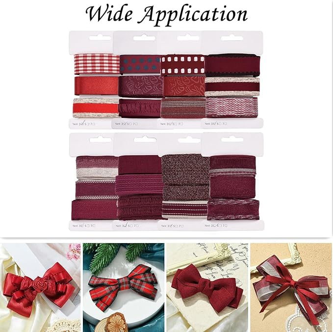 BEEFLYING 3 Styles 9 Yard Dark Red Wire Edged Ribbons Ribbons Wrapping Decoration 25~28mm×2.7m Herringbone Ribbon for Wedding Party Deco Hair Bows Flower Designs Sewing and Craft