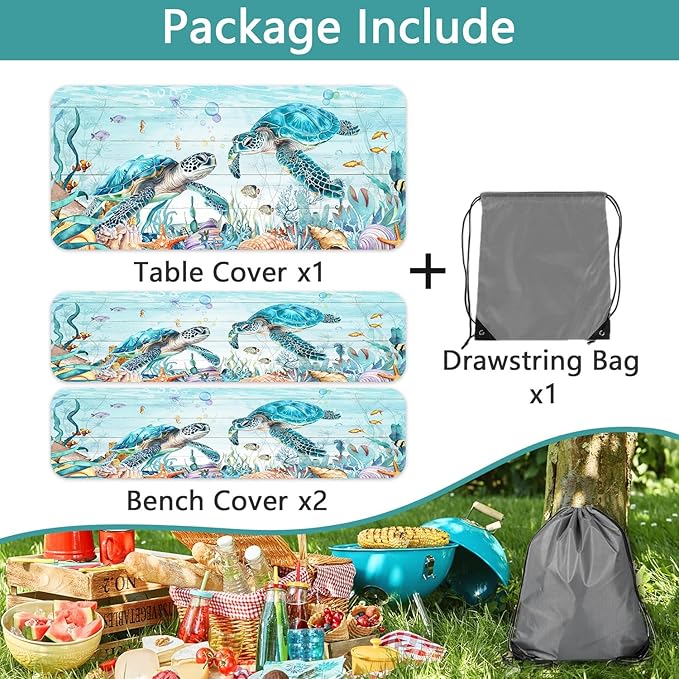 Ocean Sea Turtles Picnic Table Cover with Bench Covers and Bag, Camping Essentials, Waterproof Windproof, Fitted Tablecloth Cover with Elastic Edge, for Indoor & Outdoor, Garden, 3 PCS, 30x72 Inch