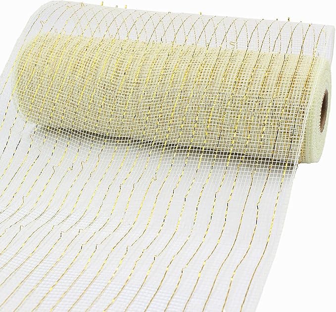 3 Rolls White Deco Mesh Ribbon for Wreath Making Supplies, 10 Inch x 30FT Metallic Foil Burlap Deco Mesh Fabric for Christmas New Year Wedding Door Wreath Swags and Decorating