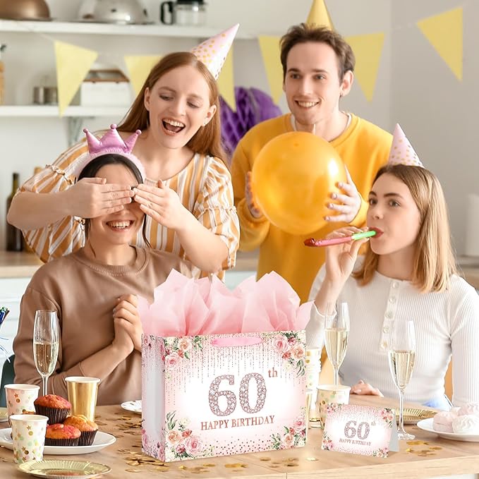 Laidans Rose Gold 60th Happy Birthday Gift Bag with Tissue Paper and Card for Women Party Supplies (Rose Gold) (60th)
