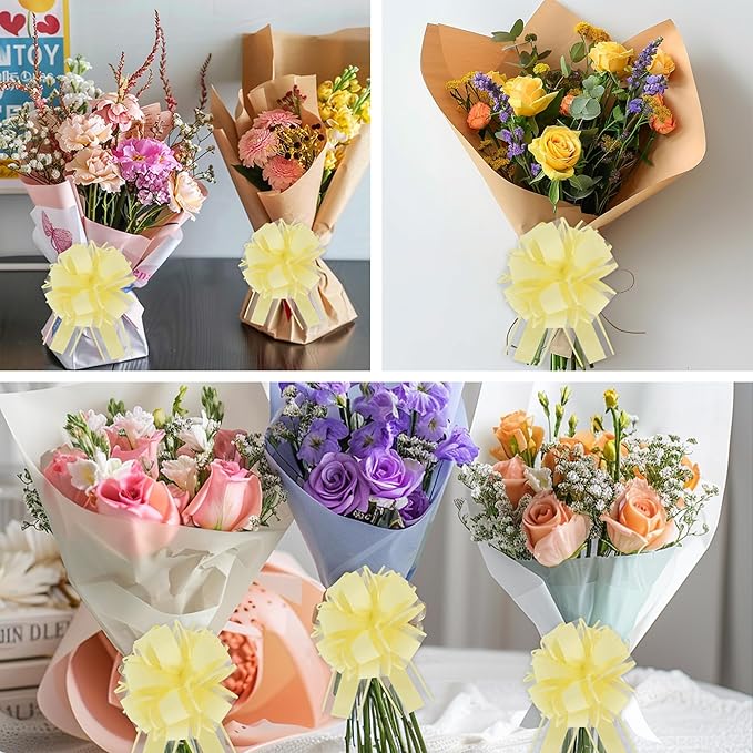 20pcs 7 Inch Pull Bows Pastel Yellow Gift Wrap Bows for Gift Wrapping, Ribbon, Wedding, Christmas, Valentine's Day, Birthday Party Decorations