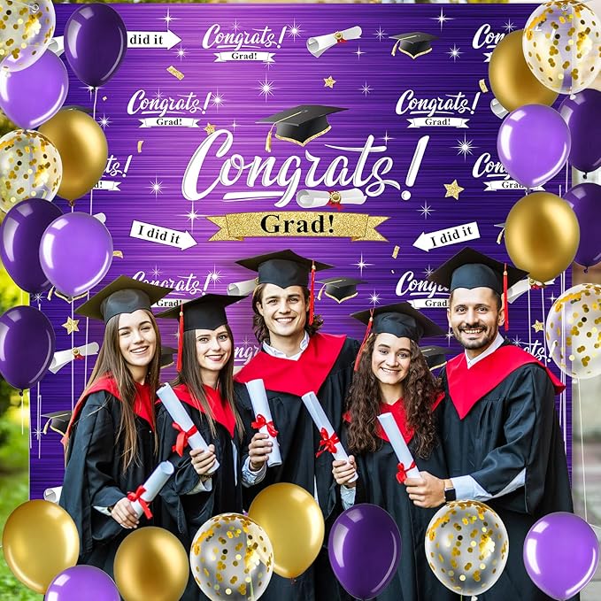 Graduation Party Decorations Including Congrats Grad Photography Backdrop Banner Balloons Garland Arch Kit for Adults Kids Grad Party Decoration Supplies (Purple and Gold)