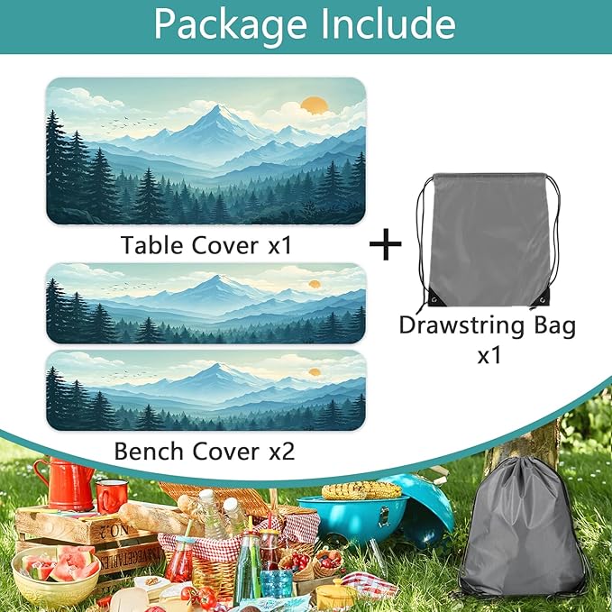 Picnic Table Cover with Bench Covers and Bag, Forest Mountain Sunset Camping Tablecloth, Waterproof Windproof Oilproof Elastic Edges Fitted Tables Cover for Indoor Outdoor 3PCS 30x72 Inch (Green)