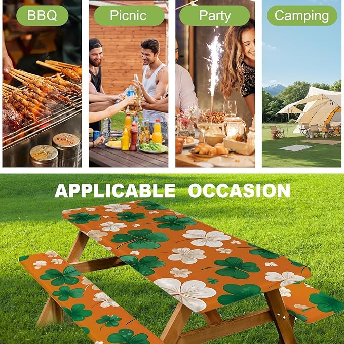 ANNA QUEEN 6FT Four Leaf Clover Orange St. Patrick's Picnic Table Cover with Bench Covers Picnic Table Cover Set 3PCS 72"x30", Outdoor Bench and Tablecloth Furniture Protection