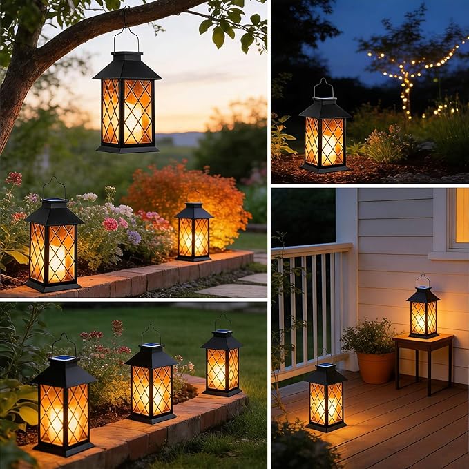 Solar Lanterns Outdoor Waterproof, 2 Pack 9" Glass Hanging Solar Lights with Flickering Flameless Candle, Outdoor Lanterns for Patio Wall Porch Table Garden Tree, Gift for Women Mom - Black