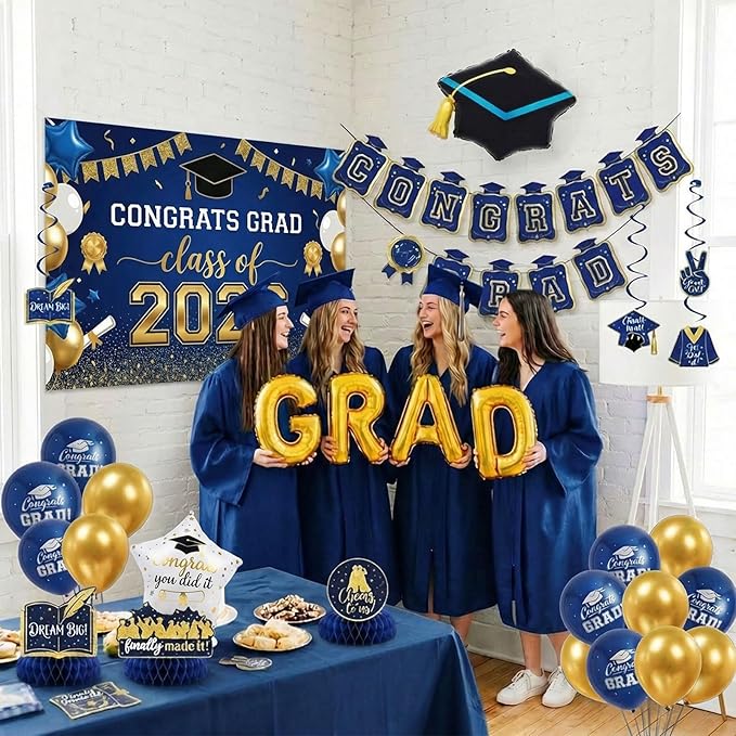 Class of 2026 Graduation Party Decorations - Navy Blue & Gold Set: GRAD Foil Balloon , Backdrop Banner, Honeycomb Centerpieces, Hanging Swirls & Mylar Letters - Complete 2026 Grad Prom Supplies