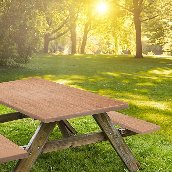 8ft Picnic Table and Bench Cover, Camping Essentials RV Gear, 96 in Waterproof Windproof Outdoor Elastic All Around Tablecloth, Fitted Rectangle Tables and Seats, Wood Grain