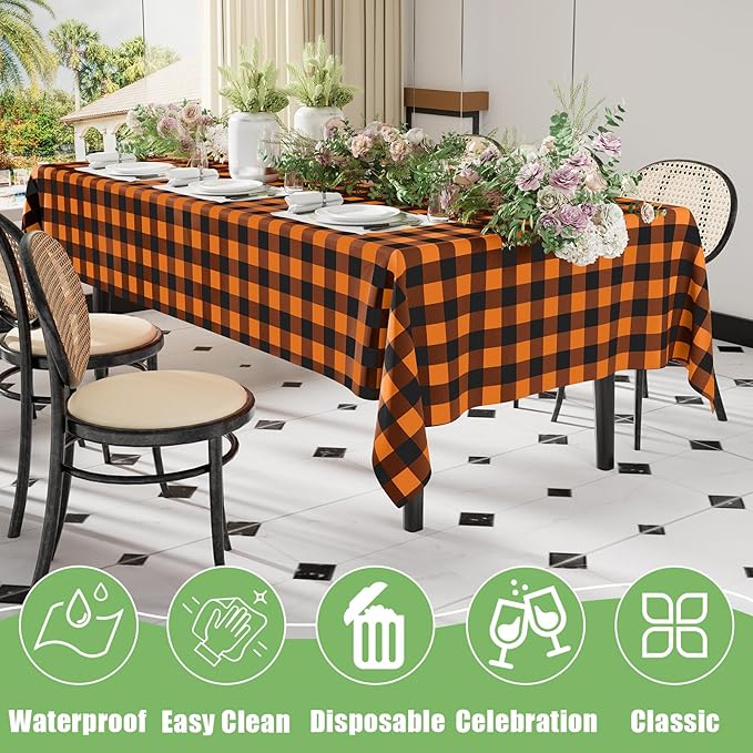 Smiry 10 Pack Gingham Disposable Table Cloth, 54 x 108 Inch Waterproof Plastic Tablecloth, Rectangle Black and Orange Checkered Table Covers for Picnic, Birthday, Party