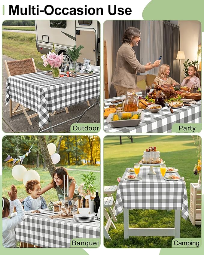 Smiry 12 Packs Gingham Disposable Table Cloth, 54 x 108 Inch Waterproof Plastic Tablecloth, Rectangle Grey and White Checkered Table Covers for Picnic, Birthday, Party