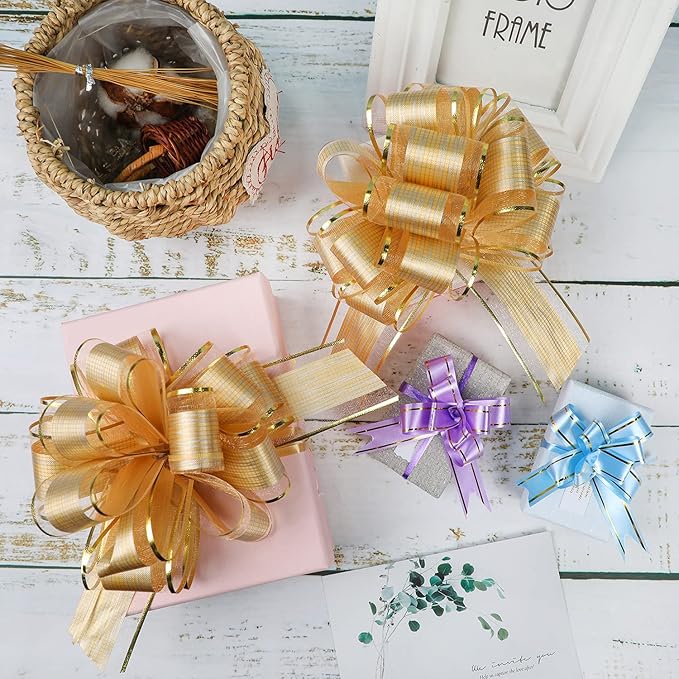 20 PCS Large Pull Bow Gift Wrapping Bows, Pull Bow with Ribbon for Wedding Gift Baskets, Party Gift Wrap Bows, Presents Decorating Bows (Gold)