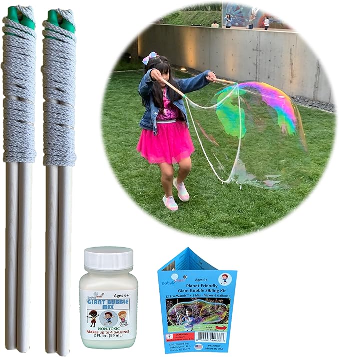 Bubbleventi Giant Bubble Kit | Made in USA | Includes 2 Wooden Wands, a Tips and Tricks Booklet, and 1 Bubble Mix - Makes 4 Gallons of Big Bubble Solution |Use at Birthdays and Family Fun