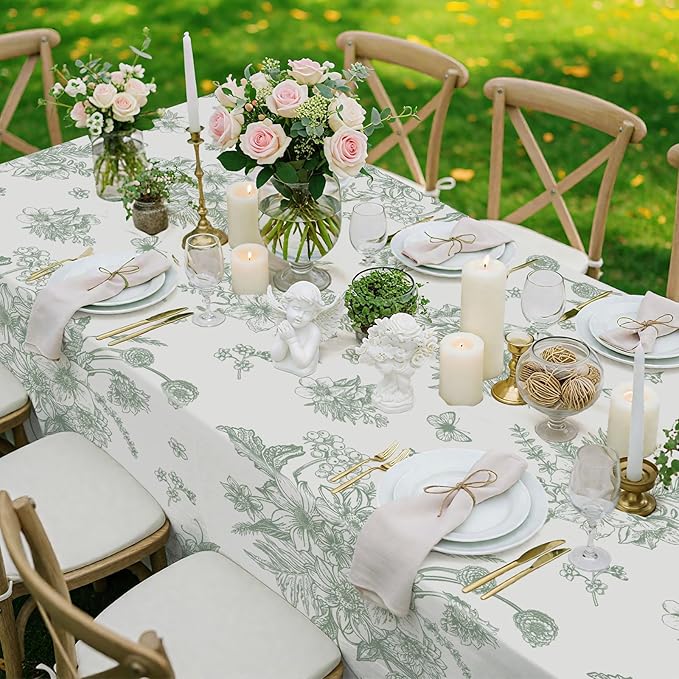 3 Pack Sage Green Floral Plastic Tablecloths, 54 X 108Inch Tea Party Tablecloth Disposable Table Cloths Green and White Porcelain Tables Decor for Garden Wedding Tea Party Birthday Baby Bridal Shower