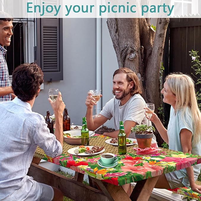 JAWO Hawaiian Tropical Floral Picnic Table Cover with Bench Covers, 3PCS Waterproof Polyester Elastic Fitted Outdoor Tablecloth, Camping BBQ RV Patio Luau Party Essentials with Carry Bag,60in