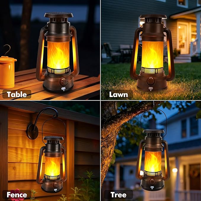 Toodour Solar Lantern Outdoor Lights, 2 Pack Bronze Vintage LED Lantern with 2 Modes, Dual Charging Solar/USB Waterproof Hanging Solar Lights for Camping Patio Garden Yard Porch Outdoor Indoor Decor