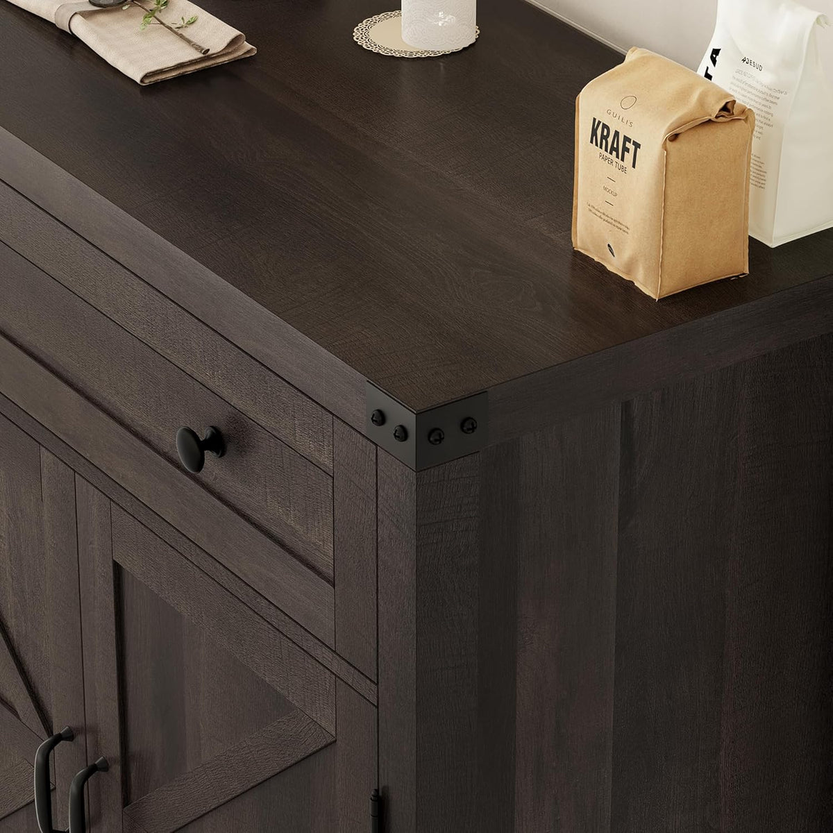 Hostack Coffee Bar Cabinet, Kitchen Storage Cabinet, Modern Farmhouse Buffet Sideboard with Drawer and Adjustable Shelf