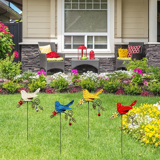 KEDONCHEN.4 Pack Metal Bird Decorative Garden Stakes, Spring Garden Decor,Indoor Outdoor Lawn Pathway Patio Ornaments, 14.2 Inch Outdoor Metal Garden Decor Shaking Head Yard Art …