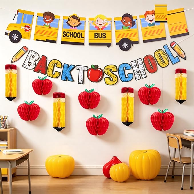 Back to School Party Decoration Set School Bus and Colorful Letters with Apple and Pencil Hanging Honeycomb Decorations