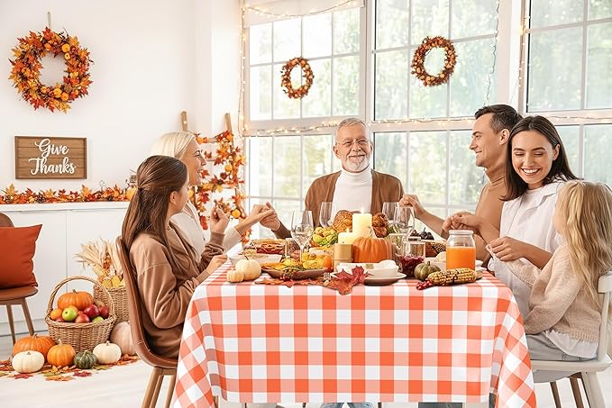Smiry 3 Pack Orange Gingham Disposable Tablecloths - 54" x 108" Heavy Duty Plastic Table Cloth, Waterproof Buffalo Plaid Table Covers for Picnic, Banquets, Outdoor Parties