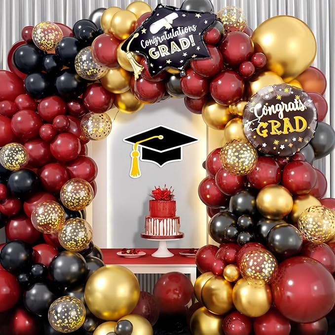 Graduation Balloon Arch Garland Kit, 2026 Graduation Party Decoration, Black Burgundy Gold Balloon with Congrats Grad Hat 2026 Balloons for College School Class of 2026 Congrats Party Supplies