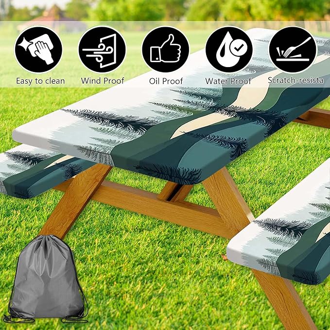 Picnic Table Cover with Bench Covers, Green Blue Camping Tablecloth Waterproof Windproof, Fitted Tablecloth Cover with Elastic Edge, for Indoor & Outdoor, Garden, Camping, 3 Pieces Set, 30x60 Inch