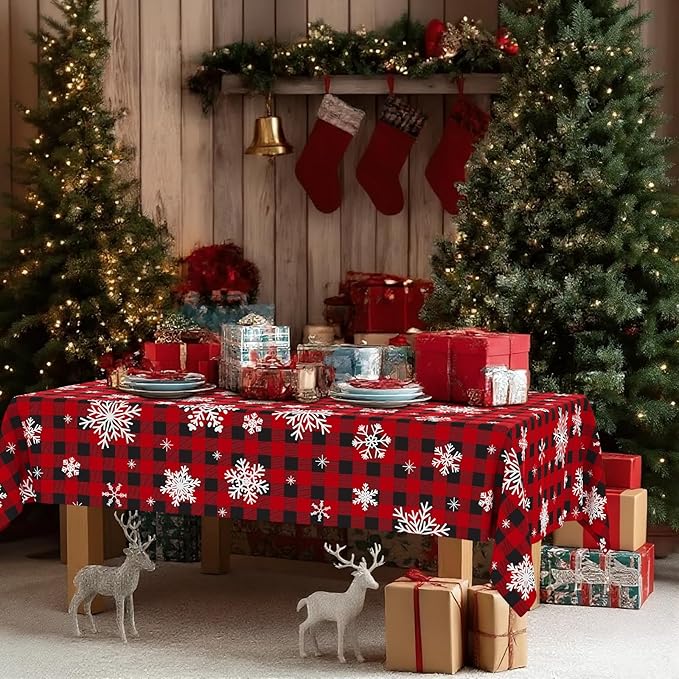 Smiry 10 Pack Gingham Disposable Table Cloth, 54 x 108 Inch Waterproof Plastic Tablecloth, Rectangle Red Checkered Snowflake Table Covers for Christmas, Birthday, Party, Banquet