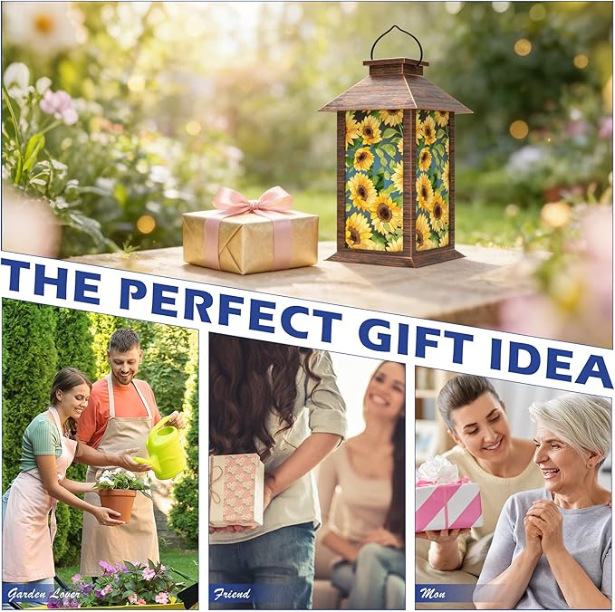 Sunflower Solar Lanterns Outdoor Waterproof, Decorative Solar Lantern with Flickering LED Candle, 13 Inch Hanging Garden Lantern for Porch Patio Yard Decor, Gifts for Women Mom Grandma, 1 Pack