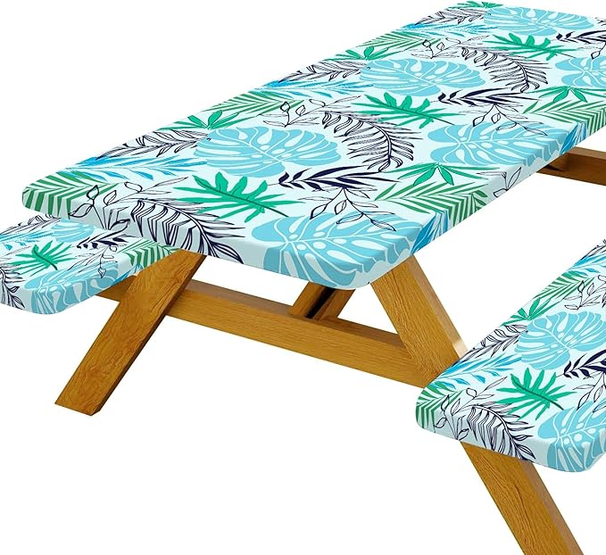 Palm Leaf Picnic Table Cover with Bench Covers, Waterproof Summer Tropical Hawaiian Green Leaves Tablecloth for Camping Indoor Outdoor Party Decorations, 30X96in
