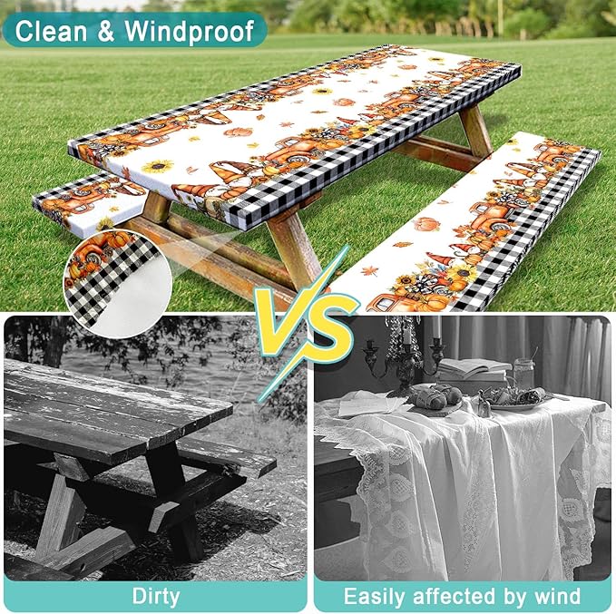 Fall Picnic Table Cover with Bench Covers, Camping Essentials, Buffalo Plaid Thanksgiving Pumpkin Waterproof Windproof, Fitted Tablecloth Cover with Elastic Edge, Indoor & Outdoor, 3 PCS, 30x72 Inch