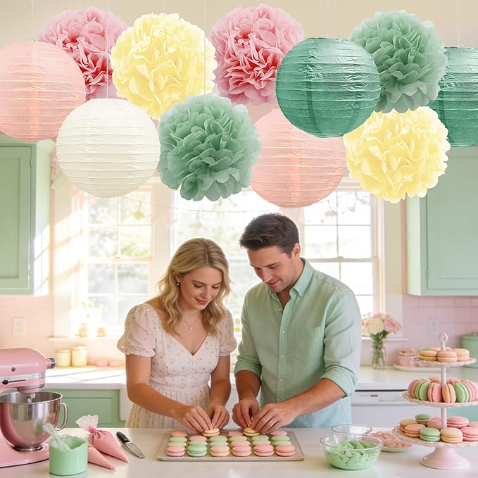 BEISHIDA Pink Green Tissue Hanging Paper Flowers Lanterns Party Decorations Set for Birthday Graduation Baby Shower Bridal Bachelorette Wedding Photo Booth Backdrops Party Supplies(18 Packs)