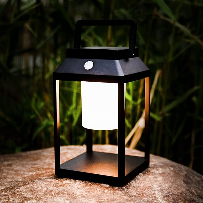 Solar Outdoor Lantern Aluminum LED Portable Rechargeable Table Lamp 35W 3000K Outdoor Nightstand Lamp IP44 Waterproof Cordless Touch Control USB Solar 2 in 1 Hand Light for Patio, Black