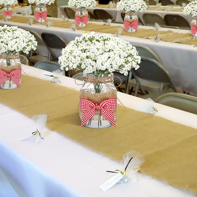 Daifunli 6 Set Picnic Party Centerpieces for Table Mason Jar Table Decor with Artificial Flowers Red Gingham Ribbon for Picnic Birthday Party BBQ Baby Shower Wedding(6,Classic Baby's Breath)