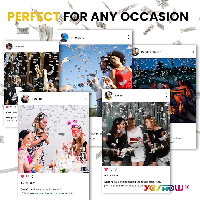 Money Confetti Gun, Biodegradable Confetti Cannon Party Poppers (6 Pack) – YESHOW Cash Cannon & Prop Money Blaster for Birthday, Graduation, New Year’s Eve, Christmas Party Supplies - 12 inch