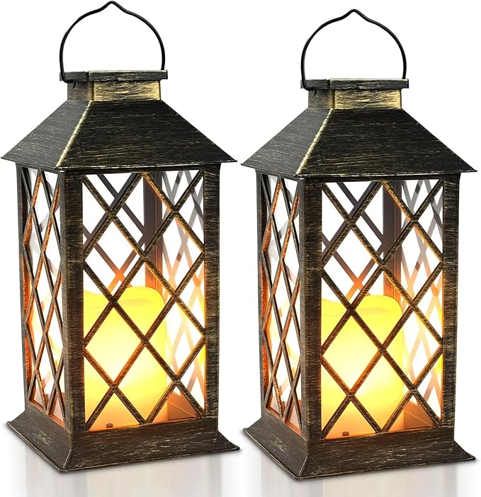 Solar Lanterns Outdoor Waterproof - 2 Pack 14" Large Hanging Solar Lantern with Glass Flickering Flame, IP65 Weatherproof Decorative Lanterns for Garden, Patio, Yard, Porch, Balcony, Gifts Mom Wife