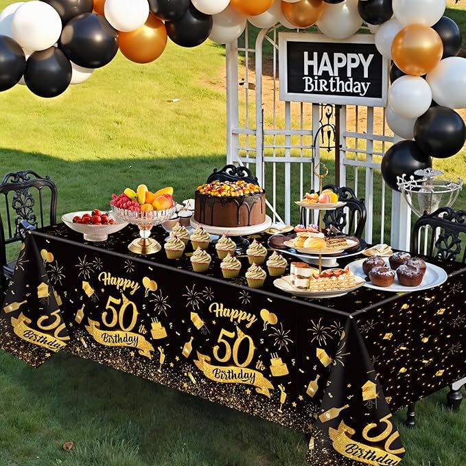NatNarr 3 Pack 50th Birthday Plastic Tablecloth, 54x108 Inch Black Gold Disposable Rectangle Table Cover Waterproof Table Cloth for Birthday 50 Anniversary Party Supplies