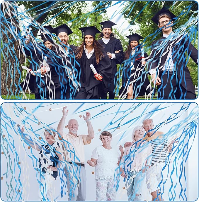Arrowbash 48 Pcs No Mess Streamers Confetti Hand Throw Streamers Paper Crackers for New Years Wedding Opening Celebrations Birthday Retirement Engagement Graduation Party Favors Decor(White and Blue)