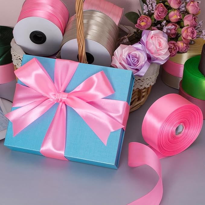 YASEO 1 Inch Flamingo Pink Solid Satin Ribbon, 50 Yards Craft Fabric Ribbon for Gift Wrapping Floral Bouquets Wedding Party Decoration