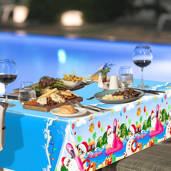 QZYL 3 Pcs Christmas July Tablecloths, 51 x 86.6 Inch Waterproof Summer Christmas Tablecloth, Disposable Santa Plastic Rectangle Table Cover, for Pool Beach Indoor Outdoor July Xmas Decorations