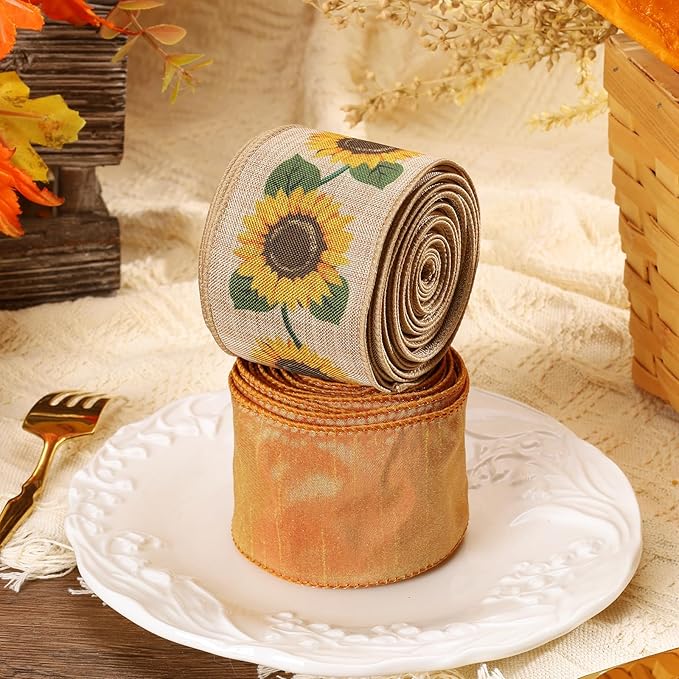 LaRibbons Fall Burlap Plaid Ribbon Wired 2 1/2" x 6 Yards 2 Rolls Reversible Sunflower Dupioni Ribbon for Autumn Wreath Thanksgiving Christmas Farm Gift Wrapping Home Decor