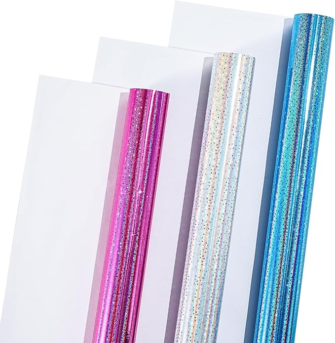 RAPAHOLIC Metallic Holographic Wrapping Paper - 3 Mini Rolls - 17 Inch x 120 Inch Per Roll - Blue White Pink Holographic Star Wrapping Paper for Birthday, Wedding, Baby Shower, Bridal Shower